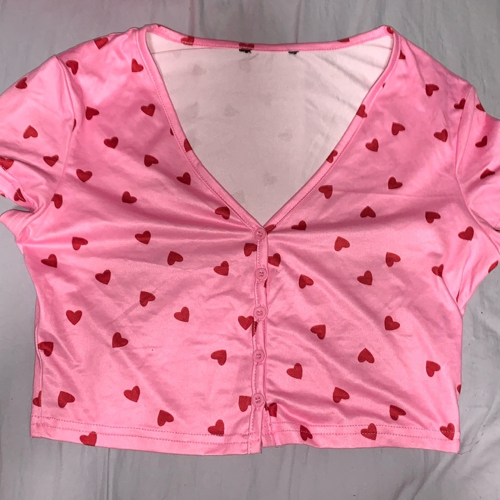 Pink heart print crop top short sleeve